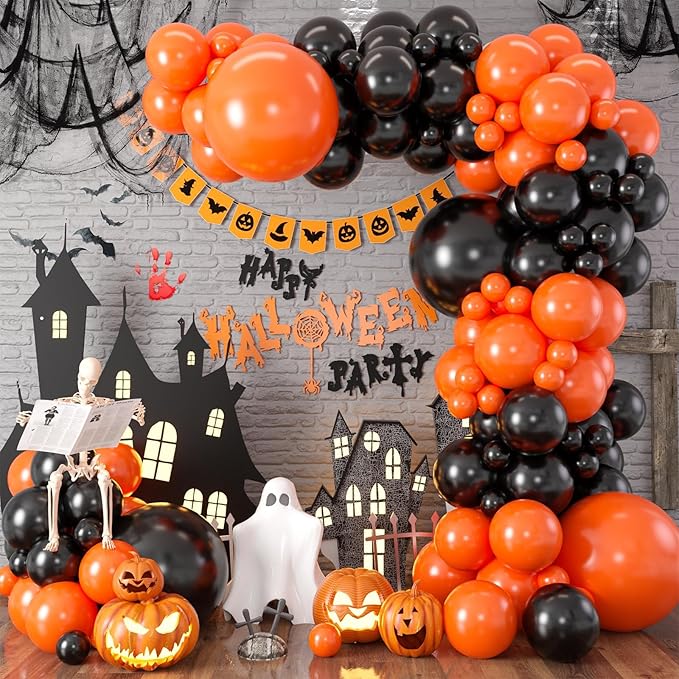 Black and Orange Balloon Arch Kit, 100pcs Orange and Black Balloon Arch Kit with Different Sizes 18/12/10/5 inch Latex Balloons for Halloween Anniversary Construction Theme Birthday Party Decorations
