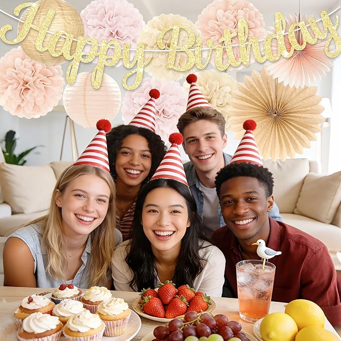 Birthday Decorations for Women, Boho Champagne-Beige 11pcs Balloon Garland, Happy Birthday Banner, Peach Paper Lanterns & Tissue Pom Poms– decoración de cumpleaños para mujer