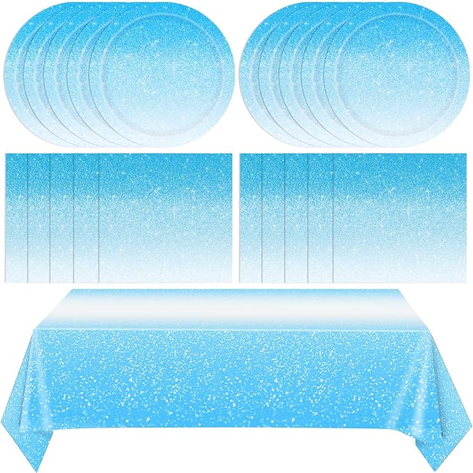 41Pcs Ombre Blue Party Supplies Disposable Tableware Set Gradient Light Blue Paper Plates Napkins Tablecloth丨Baby Shower Wedding Anniversary Man Birthday Party Decorations Supplies,Serve 20
