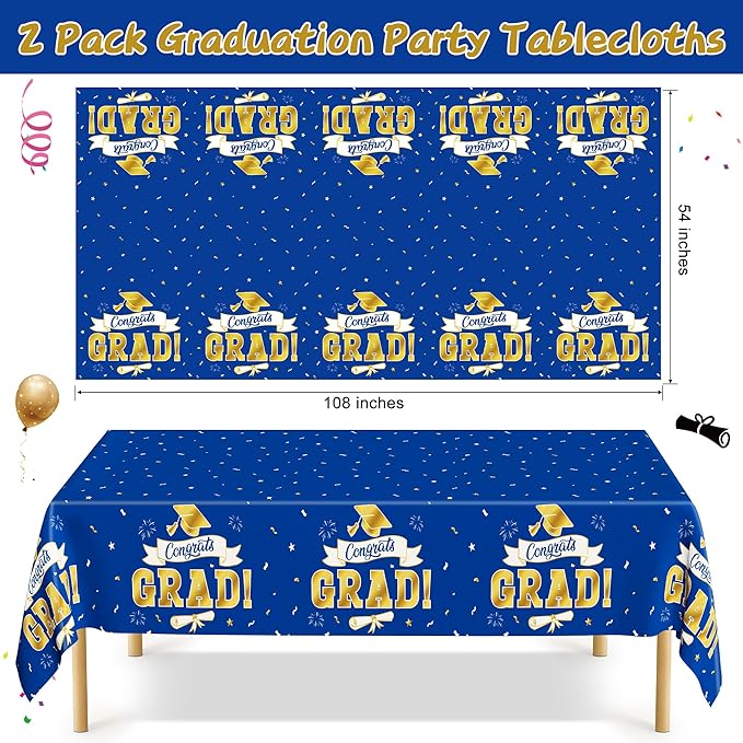 QZYL 2Pack 2026 Graduation Decorations, 108" X 54" Graduation Tablecloth, Bluegold Disposable Table Cloths for Grad Party Favors Supplies, Rectangle Plastic Tablecover for Class 2026 Congrats Grad