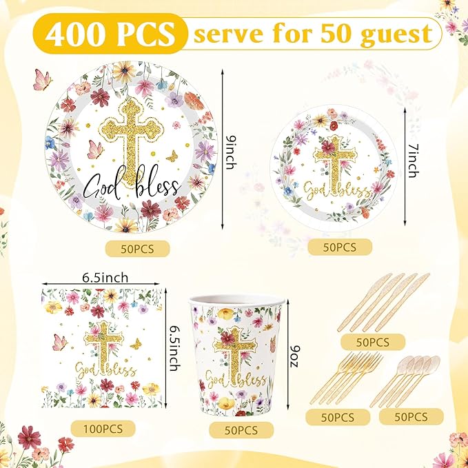 400 Pcs God Bless Flower Baptism Party Decoration Girl for 50, Confirmation Baptism Paper Plates Napkins Cups Cutlery First Holy Communion Tableware for Christening Baby Shower Party Supply