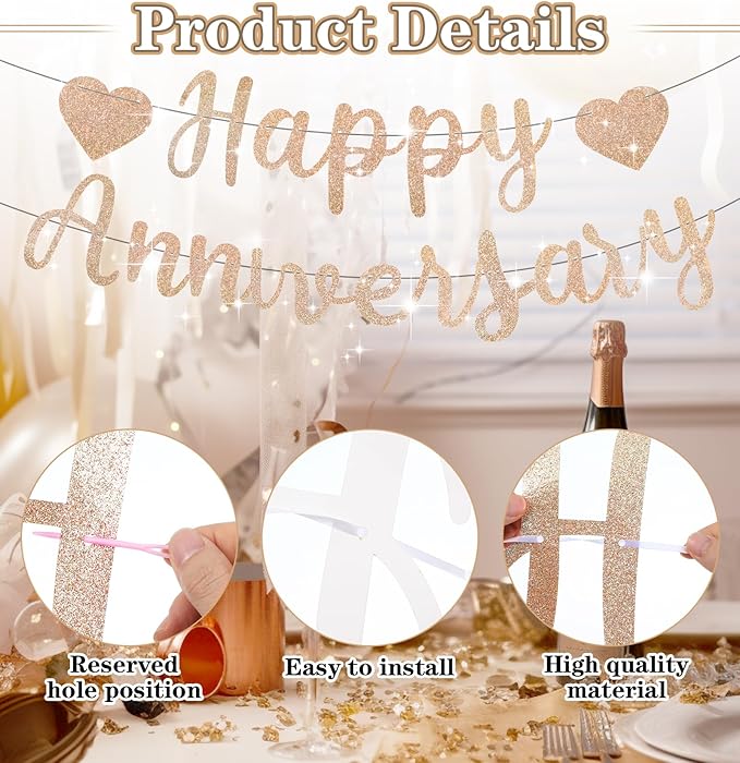 Happy Anniversary Banner, Champagne Gold Happy Anniversary Sign, Pre-Assembled for Wedding Party Celebration Decor (Champagne Gold0