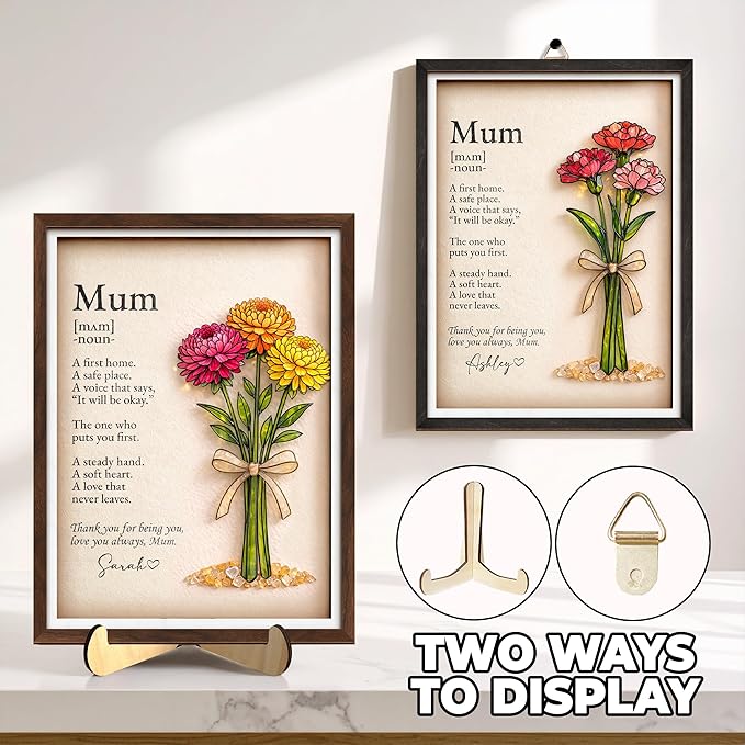 Personalized Birthday Gift for Women, Mom Birth Flower Frame, Custom Mum Definition Art Craft Family Keepsake, Gifts for Mothers Day, Grandma, Nana, Nini Gifts, Decorative Sign for Home