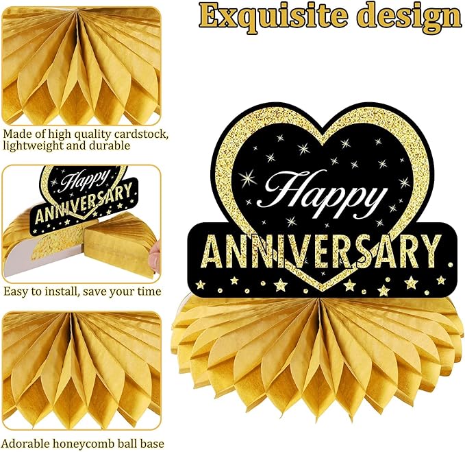 Happy Wedding Anniversary Decorations Table Honeycomb Centerpiece, 8pcs Anniversary Theme Party Supplies for Adult, 10th 25th 30th 40th 50th 60th Anniversary Table Decor