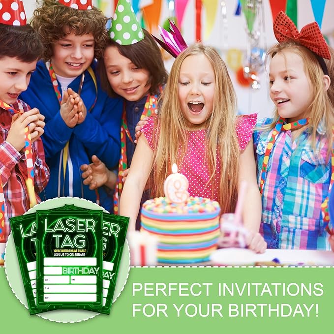 Laser Tag Birthday Party Invitations, Glow Neon Theme Invite Cards, 20 Count with Envelopes for Boys Girls Teen, 4 x 6 Double Sided Printed Fill In Blank Party Supplies- Green
