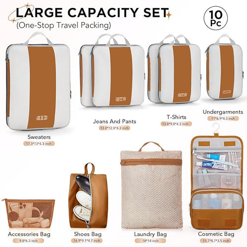 10 Set Compression Packing Cubes for Travel Essentials,Compressible Expandable Packing Cubes for Suitcase,OlarHike Luggage Organizer Bags for Travel,Handy Helper for Organizing Clothes(Brown)