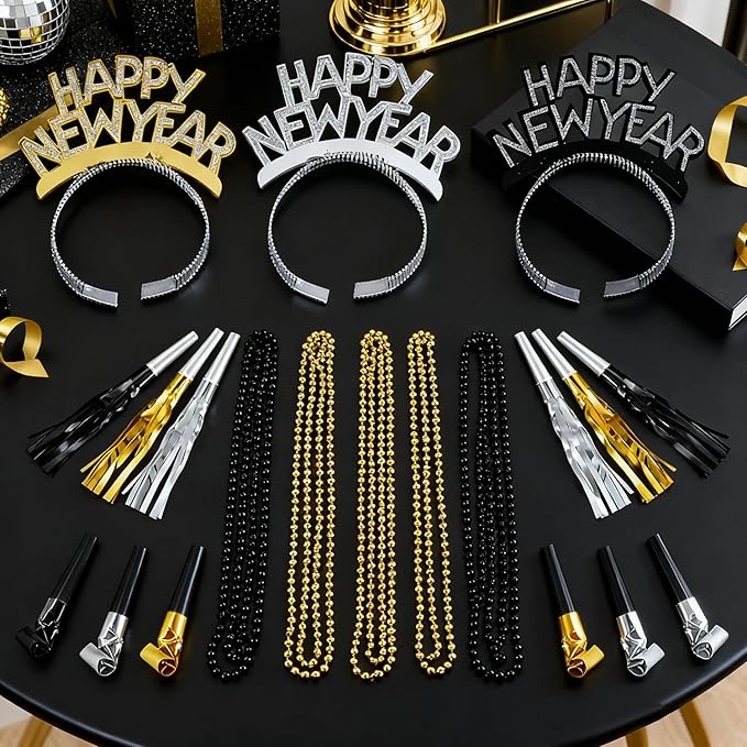 IMISHM New Year Party Favors Kit Happy New Year party supplies Include Headbands Beaded Necklaces Horns Blowouts NYE Party Supplies for Guests Celebrations Photo Props