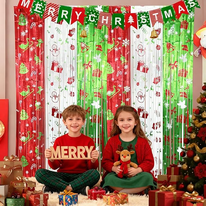 3 pack Christmas Party Decorations with Merry Christmas Banner and Foil Fringe Curtains, 3.3ft×6.6ft Red Green Tinsel Streamer Backdrop for Xmas Photo Booth Props Friendsmas Party Decor