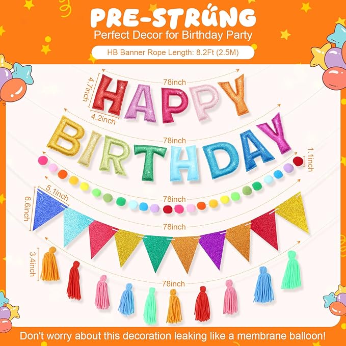 5 Pcs Pre-strung Rainbow Happy Birthday Banner Set, Felt Glitter Happy Birthday Garland with Ball Garland, Pennant Flags and Tassels, Birthdays Party Decorations for Kids and Adults