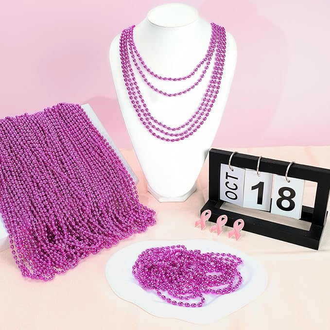 SHAOQINLIN 100 PCS Breast Cancer Awareness Necklaces, Hot Pink Oval Beads, 30.5" Breast Cancer Awareness Bead Necklaces Accessories for Parade Throw Supplies