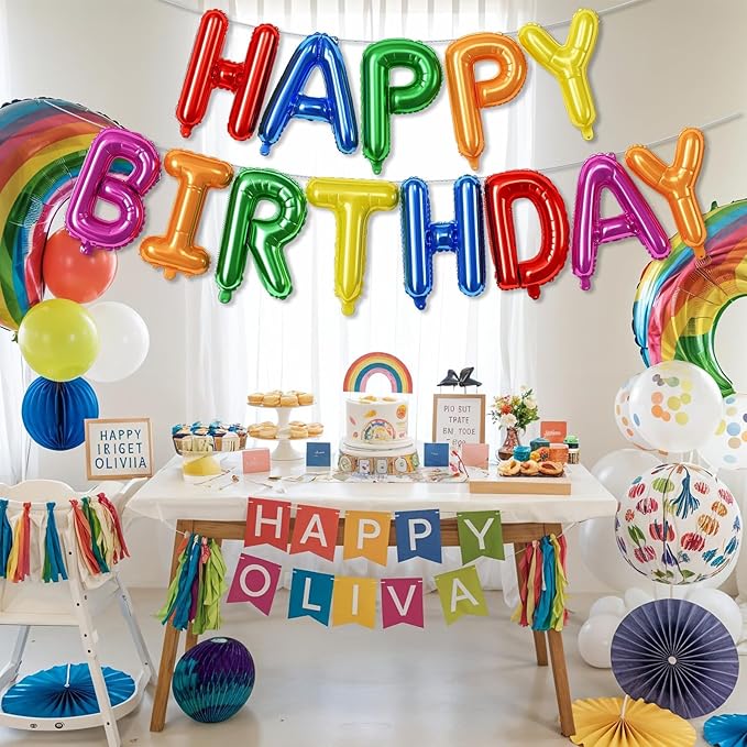 16 Inch Happy Birthday Banner Balloon, Rainbow Happy Birthday Letters Foil Balloons, Self Inflating Multicolor HBD Balloons Bunting for Kids Girls Boys Colorful Bday Party Decorations