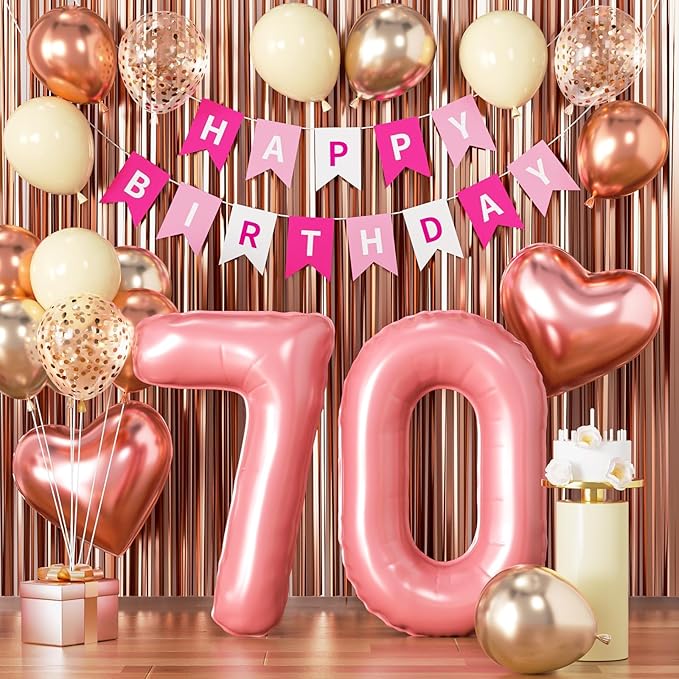 70th Birthday Decorations for Women, Rose Gold and Pink Party Supplies Set with Happy 70th Banner, Number 70 Balloon and Foil Fringe Curtains, 70 Year Old Kit