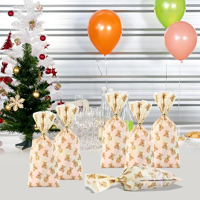 Docvania Bear Cellophane Treat Bags Plastic Gift Bag 100 pcs 5 X 11 Bear Cookie Bags with Ties Goodie Candy Bag Suitable for Mother's Day, Valentine's Day, and Holiday Parties