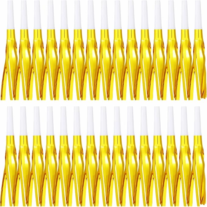 30 Pcs Gold Noise Makers, Party Blowers, Metallic Fringed Party Horns for New Year Party Favor Supplies, Gold White