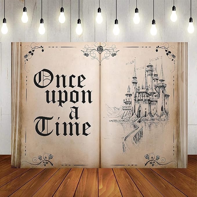 Fairy Tale Books Backdrop Once Upon a Time Backdrops Ancient Castle Princess Romantic Wedding Birthday Party Decorations Magic Book Background Banner Props 5x3FT