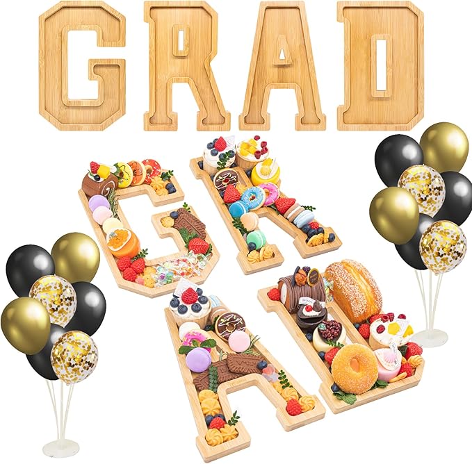 4PCS Wooden Graduation Decorations Number Charcuterie Board Box-(with 14 Balloons) GRAD Charcuterie Numbers Fillable Food Graduation Party Supplies Suitable for 2025 Party Graduation Decoration