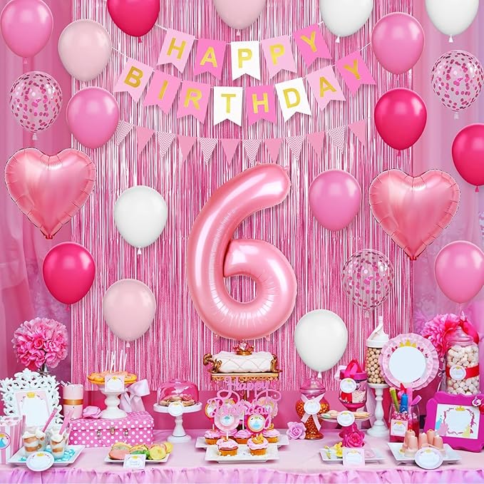 6th Birthday Decorations for Girls: Hot Pink Balloons, Happy Birthday Banner, Fringe Curtain, Cake Topper, Heart Foil Balloons