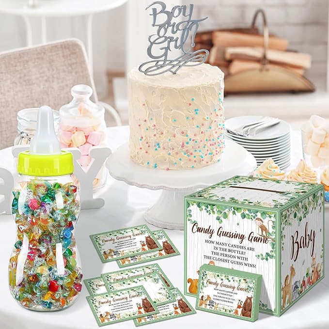 Glenmal 52 Pcs Baby Shower Games Gift Sets Large Baby Bottle for Shower Game Guess How Many Candies Decorations for Gender Reveal(Woodland Animal)