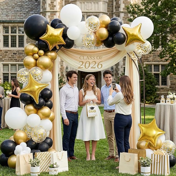 Black Gold Balloons Arch Kit, Black White Gold Balloon Arch with Grad Cap Star Graduation Certificate Foil Balloon, Golden Confetti Balloons for 2026 Graduation Decoration Birthday Anniversary Party