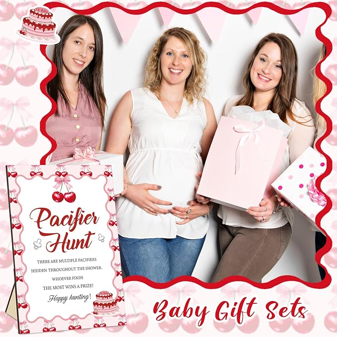 Thyle 51 Pcs She's Our Cherry on Top Theme Baby Shower Games Red Cherry Pacifier Hunt Include Hunt Sign and 50 Acrylic Pacifiers for Baby Shower Game Decoration Gift Sets Gender Reveal Party Decor