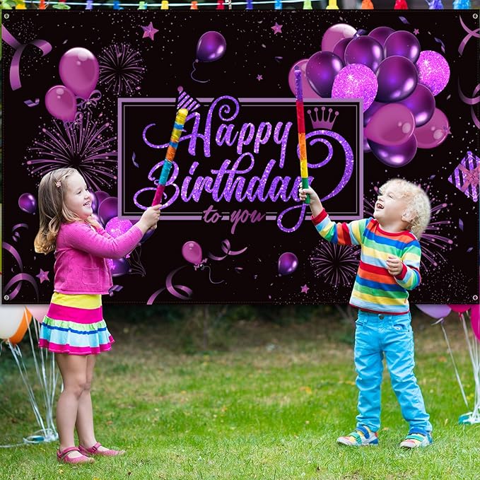 Blulu Happy Birthday Backdrop Banner Sign Poster Large Fabric Glitter Balloon Fireworks Sign Photo Backdrop Background for Birthday Party Decoration Supplies, 72.8 x 43.3in(Black and Purple)
