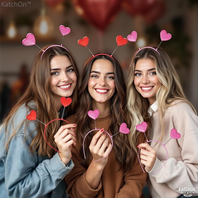 KatchOn, Pink and Red Heart Headbands - Pack 12 | Valentines Day Headbands For Women for Valentines Day Decor, Wedding Party | Heart Antenna Headband, Halloween Headband | Valentines Party Decorations