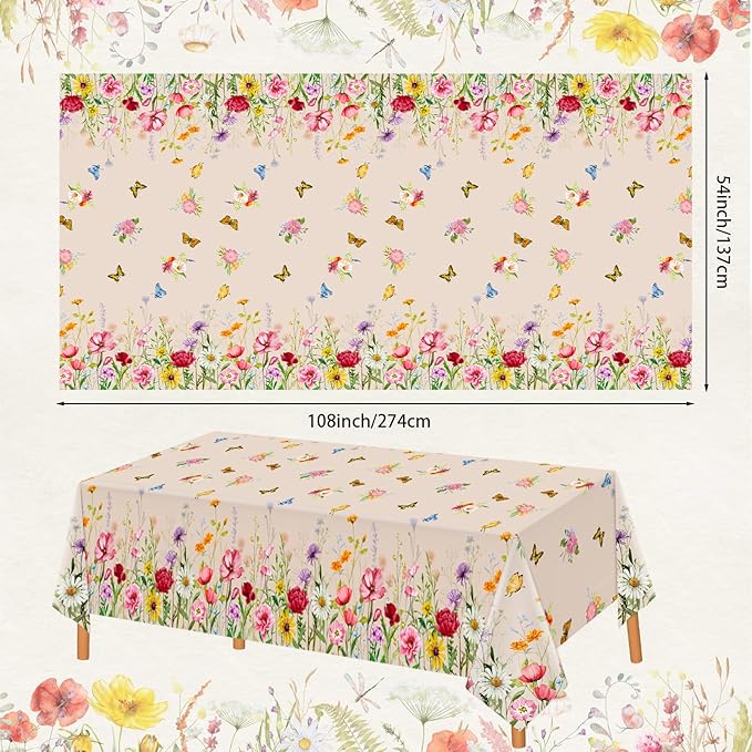 2 Pack Summer Floral Tablecloth Butterfly Wildflower Plastic Disposable Large Rectangular Table Cloth for Summer Picnic Dining Holiday Birthday Wildflower Party Decorations (54 x 108 Inch)