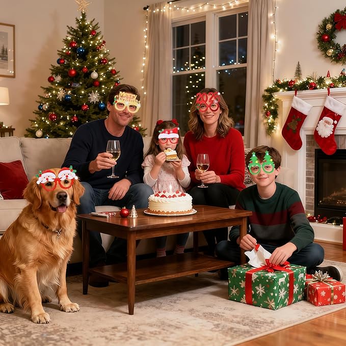 2026 Christmas Party Glasses,12pcs Fun Glitter Christmas Holiday Photo Booth Props for Kids Adults, Costume Eyeglasses for Christmas Party Favors and Decorations(One Size Fits All)