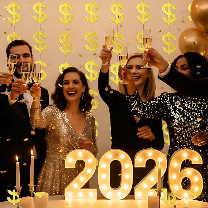 Xinnun Money Party Decorations Gold Old Dollar Sign Hanging Banners Currency Symbol Banner Cutouts Finance Investment Theme Ribbon Streamers for Casino Money Bachelorette Birthday Party Decor