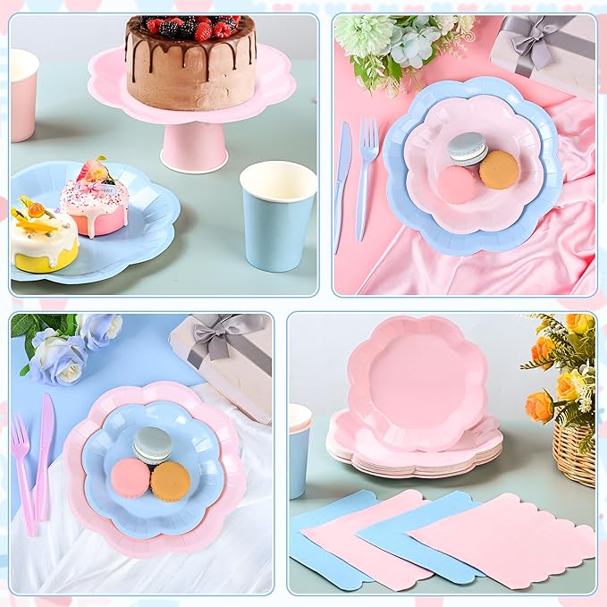 400 Pcs Gender Reveal Plates and Napkins set - Serve 50, Boy or Girl Gender Reveal Party Supplies Includes Pink and Blue Scalloped Plates Napkins Cups Plastic Spoons Forks Knives for Baby Shower