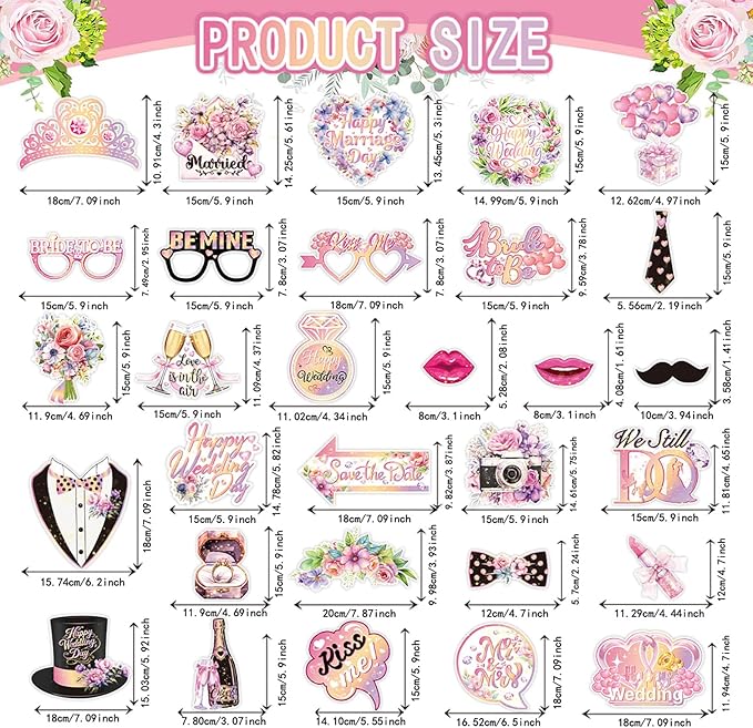 30 Pieces Wedding Photo Booth Props Wedding Bridal Shower Photo Booth Prop Bachelorette Party Decorations Photo Booth for Bridal Shower Gift Accessories Favor Supplies (Pink)