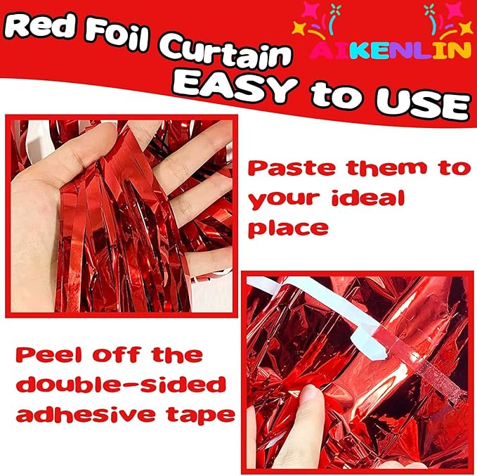 4 Pack 3.3Ft x 6.6Ft Red Foil Fringe Curtain Backdrop, Metallic Tinsel Foil Fringe Streamers Curtains Background for Photo Booth, Birthday, Wedding, Halloween, Christmas Party Decoration