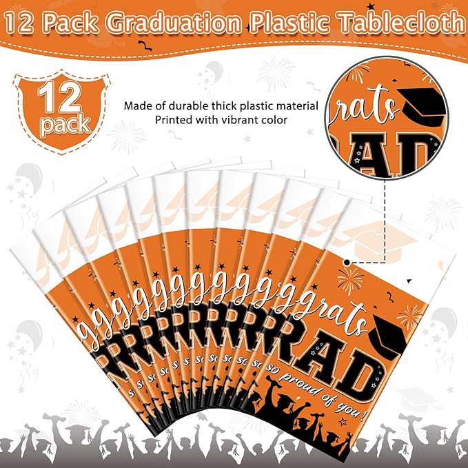 12Pack Graduation Tablecloth Party Decorations, Class of 2026 Congrats Grad Plastic Tablecover Party Supplies, Orange Rectangle Graduation Table Decorations for College High School Party, 54 x 108Inch