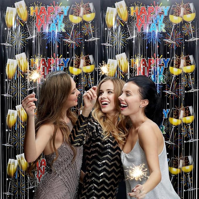 GOER Foil Curtain Backdrop for New Year Eve Party Decorations| Metallic Tinsel New Year Theme Photo Booth Props (2 Pcs)
