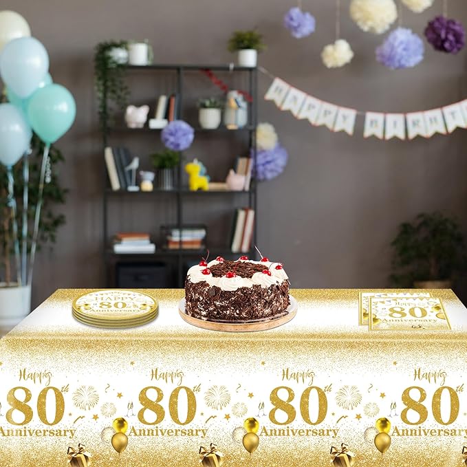 41PCS Gold Party Decorations 80th Party Tableware Set 1945 80th Theme Birthday Party Table Decoration Supplies Cheers to 80 Years Paper Plate Napkin Tablecloth for Wedding Anniversary Party Supplies