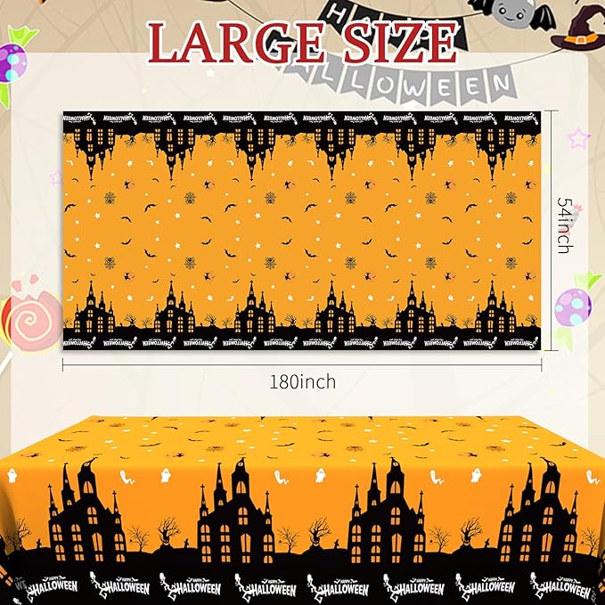 Halloween Tablecloth Halloween Decorations, 3 PCS Disposable Plastic Tablecloth Castle Bats Spider Web Rectangular Table Cover for Halloweens Party Favors Supplies Indoor Tables Decor 108 x 54 Inch
