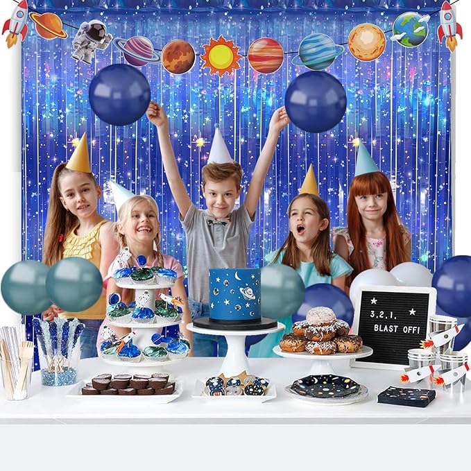 3 PCS Galaxy Foil Curtains Backdrop for Space Themed Party Decorations, 3.3 x 6.6 ft Blue Iridescent Tinsel Curtains, Foil Fringe for Photo Booth, Outer Space Birthday or Alien Party