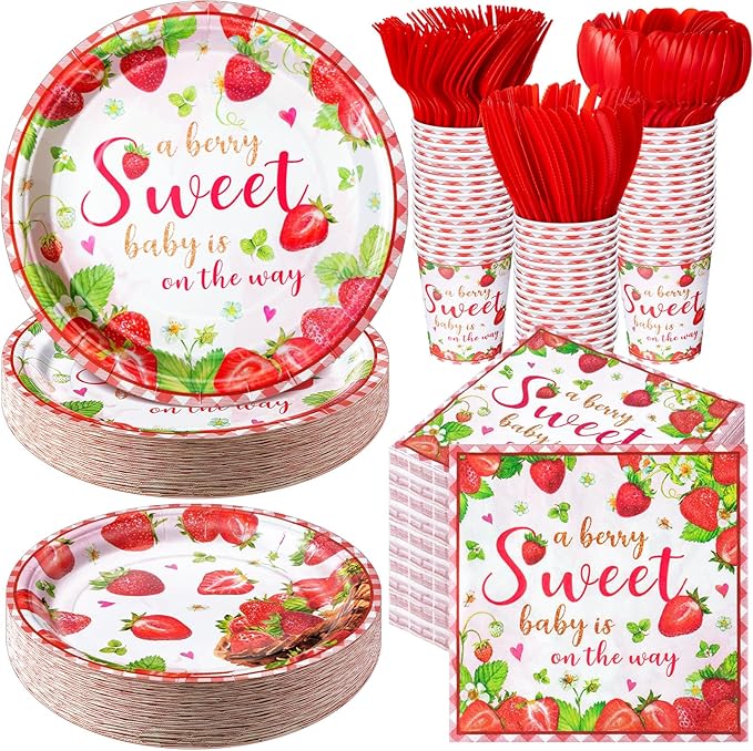 350 Pcs Sweet Baby Shower Party Supplies a Berry Sweet Baby Is on the Way Tableware Set Strawberry Disposable Plates Napkins Paper Cup Plastic Cutlery Serves 50