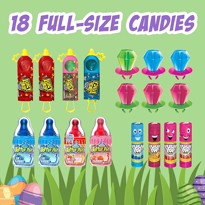 Bazooka Candy Brands Easter Candy Variety Pack, 18Ct Assorted Candy Lollipops, Bulk Individually Wrapped Ring Pop, Push Pop, & More, Birthday Party Favors, Easter Basket Stuffers, Egg Fillers, Gifts