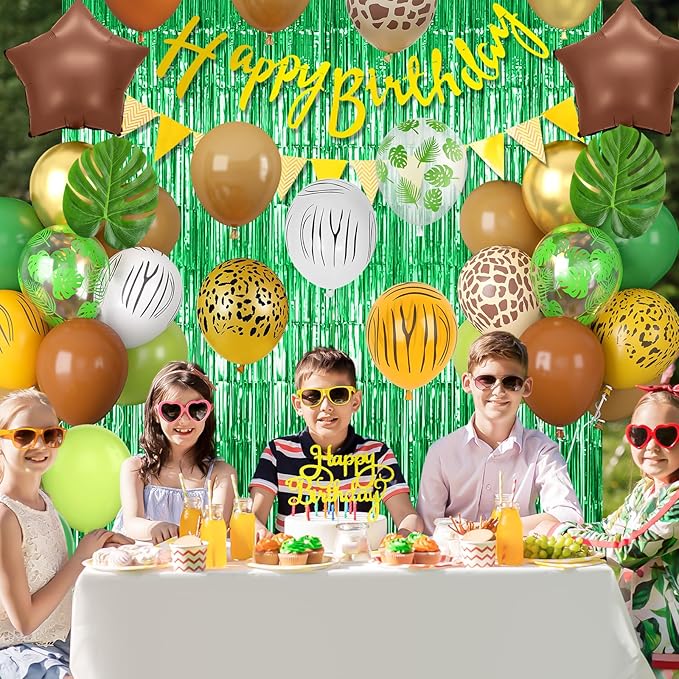 Jungle Safari Birthday Decorations for Boys, Green Brown Animal Print Latex Balloons with Happy Birthday Banner Cake Topper Fringe Curtain Palm Leaves for Kids Woodland Themed Party Decor