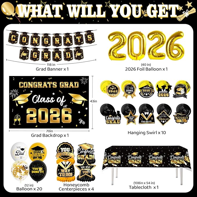 Graduation Decorations 2026, Class of 2026 Backdrop, Banner, 2026 Foil Balloons, Tablecloth, Hanging Swirls, Honeycomb Centerpieces, Party Supplies Decorations Set for College (Black ang GOLD)