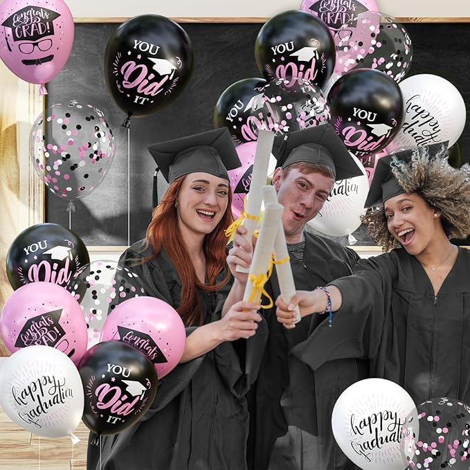 OuMuaMua 75 Pack Graduation Party Decorations Balloons Set - 12 Inch Pink Black White Confetti Graduation Balloons with 2 Ribbons for Class of 2026 Congrats Grad Birthday Party Decor Supplies