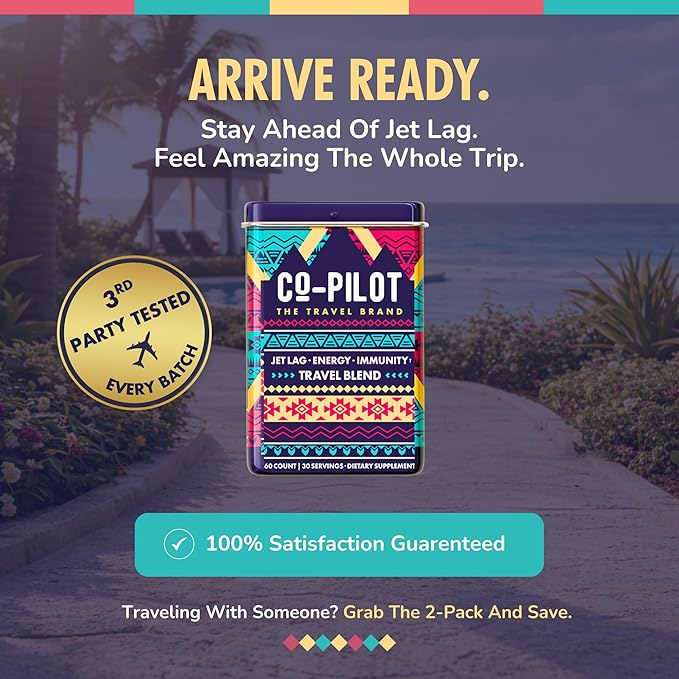 Original Travel Supplement | Jet Lag Remedy & Relief for Travel | Airplane Flight Essentials | Energy, Immune, Digestion | Ashwagandha, Rhodiola, D3 | Vegan, 60 Count