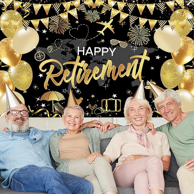 Mocsicka Happy Retirement Backdrop Pink Rose Gold Balloons Women Happy Retirement Banner Party Decorations Photo Booth Props (Black Gold, 8x6ft)