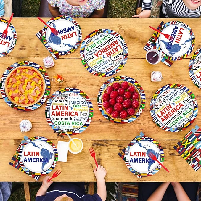 96Pcs Hispanic Heritage Month Decorations Latin America Countries String Flags Plates and Napkins Countries Flags Themed Tableware Favors for Latin Cultural Sports Events Party Supplies Serves 24
