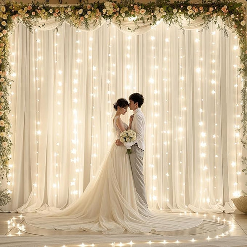 10ft x 10ft Ivory Chiffon Backdrop Curtain with Lights String for Parties,2 Panels Sheer Tulle Curtain Wedding Photo Backdrop with Lights for Baby Shower Birthday Party Ceremony Home Decorations