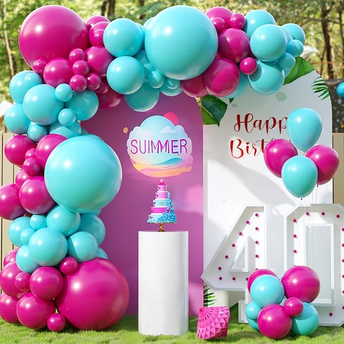 Hot Pink and Teal Balloon Arch Kit, Hot Pink Turquoise Balloon Garland Kit, Rose Red Teal Blue Latex Balloons Different Sizes for Birthday Decorations Wedding Baby Shower Summer Party Supplies
