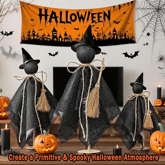 Halloween Decorations Indoor - 3 Set Primitive Halloween Wtich with Hat, Wooden Stand Witch Decor for Table Centerpieces, Mantels, Shelves, Vintage Spooky & Festive Party Decor
