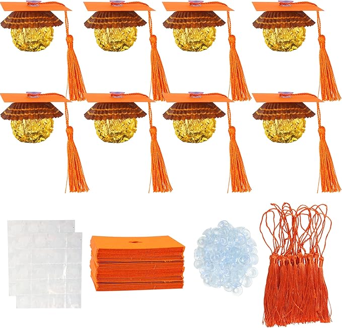 Gyufise 36Pcs 2026 Graduation Cap Cupcake Toppers with Tassel Adhesive Dots Chocolate Decorations Class of 2026 Congrats Grad Cap Cupcake Decorations for 2026 Graduation Theme Party Supplies Orange