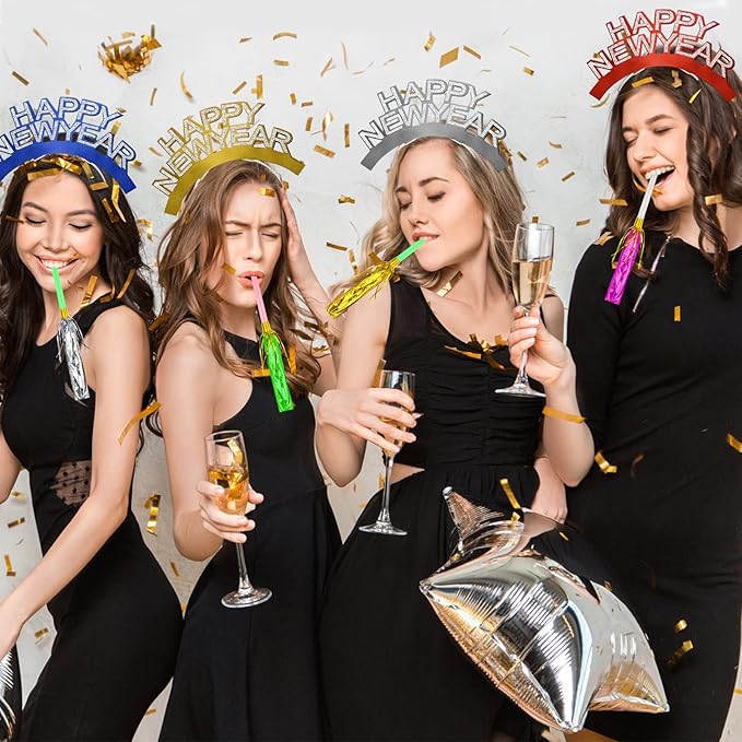 Openfly New Years Eve Party Supplies 2026 Happy New Year Headband Tiara New Year Fringed Noise Makers Party Favors